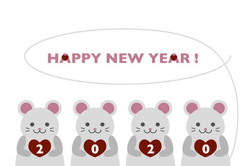 2020年子年の年賀状イラスト: ハートを持つネズミたち