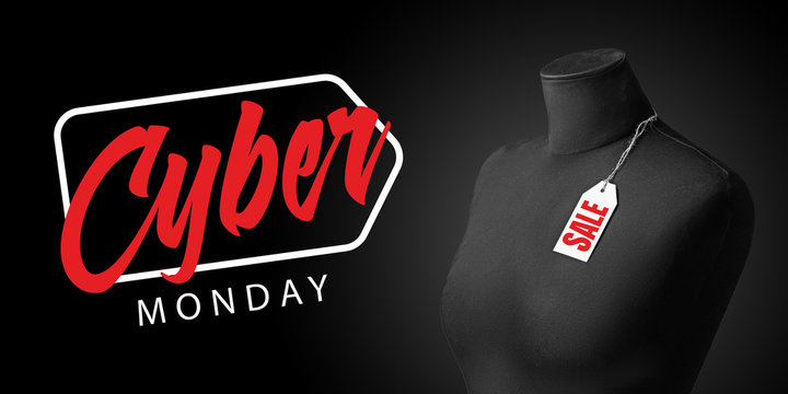 Front view of mannequin or dummy with cuber monday lettering on black background. Copyspace for your advertising. Black friday, sales, finance, advertising, money, finance, purchases, clothes.