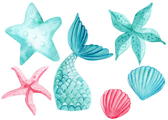 set of watercolor drawings, starfish, fishtail, mermaid on an isolated white background, watercolor illustration © Hanna