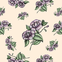 Flowers seamless pattern. Hand-drawn, watercolor, pencil. Floral motif. Design for print, card invitation, wedding, Women's Day, gift paper, wrapping design and decor. Trendy pink roses. Spring.Summer