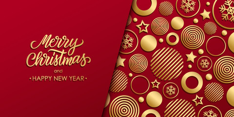 Christmas luxury holiday banner with gold handwritten inscription Merry Christmas and gold colored christmas balls, stars and snowflakes. Vector illustration.