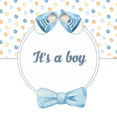 Watercolor round blue frame for cute boy with bow bowtie and boy's boots - obrazy, fototapety, plakaty