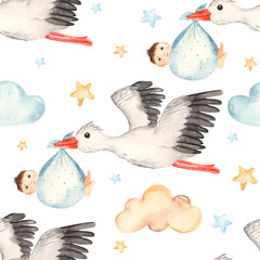 Watercolor seamless pattern with newborn little blue boy and stork