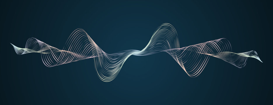 Soundwave smooth curved lines Abstract design element Technological dark background with a line in waveform Stylization of a digital equalizer Smooth flowing wave lines soundwave Vector graphic