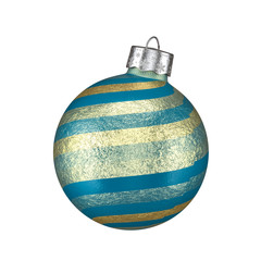 Colorful Xmas bauble with textured gold stripes on white background