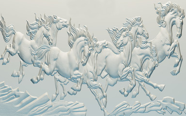 Fototapety  ilustracja 3d, jasne tło, wizerunki koni w płaskorzeźbie