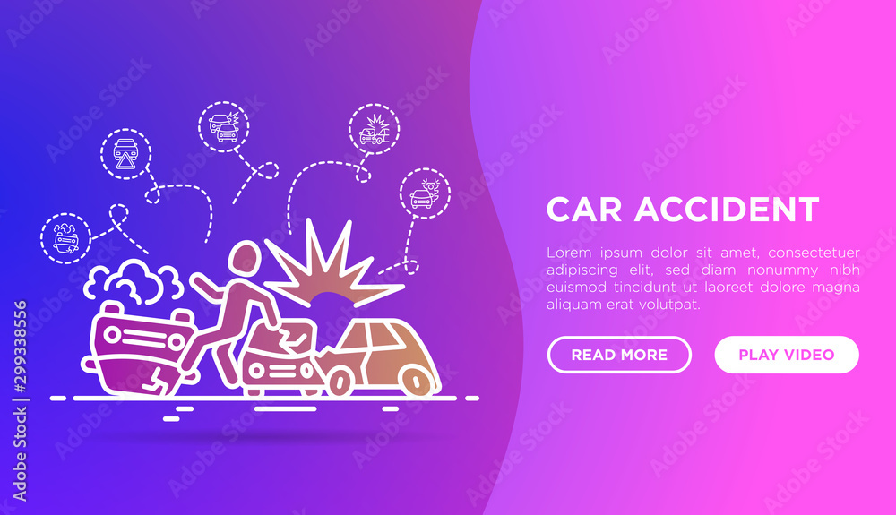 Wall mural Car accident concept: crashed cars and inverted car thin line icons. Web page template for car insurance. Modern vector illustration with copy space.