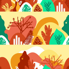 Seamless pattern with mountain hilly landscape with tropical plants and trees, palms. Scandinavian style. Environmental protection, ecology. Park, exterior space, outdoor. Vector illustration.