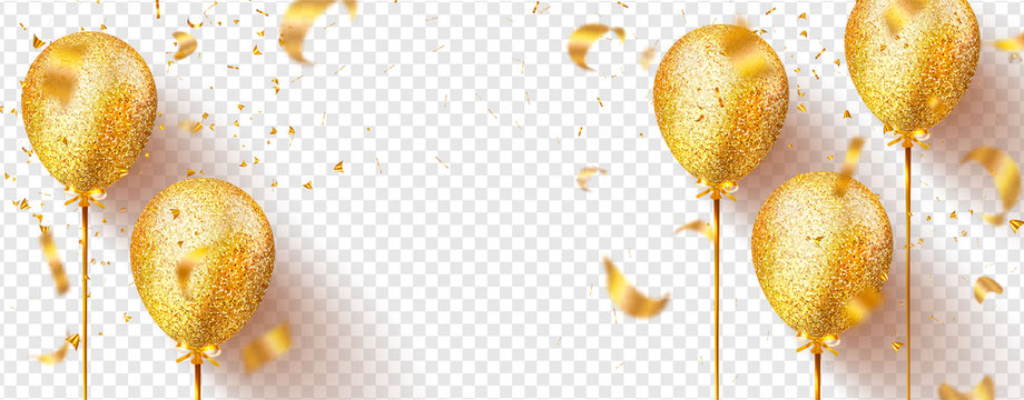 Golden balloons with sparkles and flying confetti isolated on transparent background. Festive vector illustration.