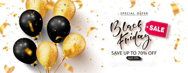 Black friday sale background with beautiful balloons and flying serpentine. Modern design.Universal vector background for poster, banners, flyers, card,advertising brochure