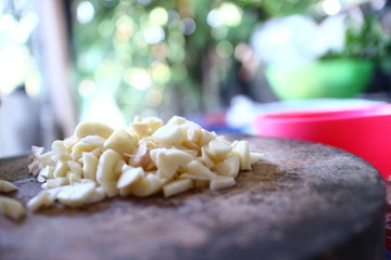 Garlic on a wooden chopping board
