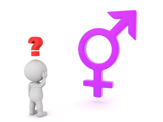 3D Character with question mark above looking at transgender sign