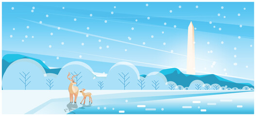 Panorama view of winter of National mall USA Washington DC monument with night sky and deer,Vector winter landscape, Panoramic city dusk landscape of USA famous skyline panoramic.