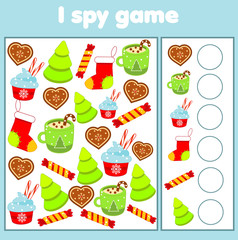 I spy game. Find and count. Christmas and new year holidays theme activity for kids, toddlers, children