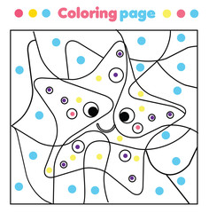 Funny starfish coloring page. Color by dots, printable activity. Worksheet for toddlers and pre school age. Children educational game