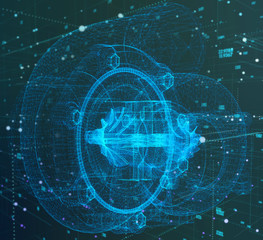 Turbine background. Turbocharger wire-frame. Power gain impeller. 3d rendering.