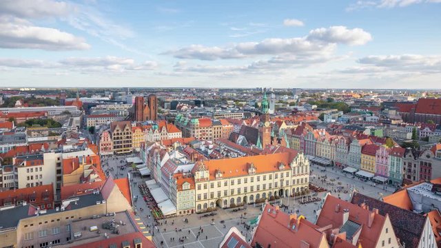 Aerial view of Rynek square in Wroclaw, Poland (time lapse video)