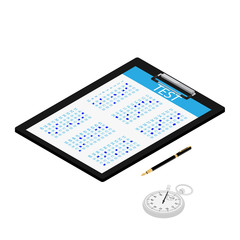 Test, exam paper on clipboard, stopwatch and pen isometric view. Exam, or survey concept icon. School test. School exam.