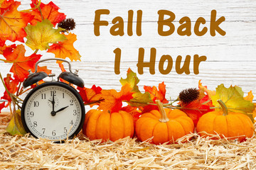 Fall Back 1 hour time change message with a retro alarm clock with pumpkins and fall leaves