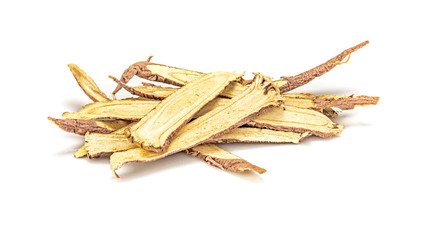 Slice Licorice roots on white background