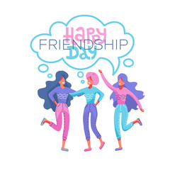 Fototapeta premium Happy friendship day greeting card. Tree girls hugging and smiling for friend celebration event. People hugging together. Hug. Women happy to each other. Love, relatives. Friends embracing, laughing.