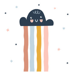 Fototapeta premium Cute happy little cloud with kawaii face, colorful stripy rain on starry background. Scandinavian style childish weather illustration isolated on white in vector. Nursery poster print design idea.
