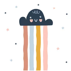 Cercles muraux Chambre de bébé Joli petit nuage heureux avec un visage kawaii, pluie rayée colorée sur fond étoilé. Illustration de météo enfantine de style scandinave isolée sur blanc dans le vecteur. Idée de conception d& 39 impression d& 39 affiche de pépinière.