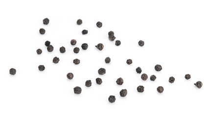 black peppercorns isolated on white background.
