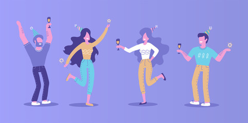 Hand drawn People on the party. Men and women in festive hats with champagne sparkler in their hands. Boys and girls dancing and having fun. Hand drawn flat illustration on violet background