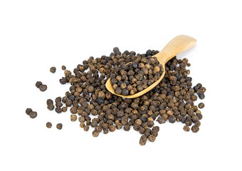 black peppercorns isolated on white background..