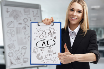 Business, technology, internet and network concept. Young businessman shows a key phrase: AI