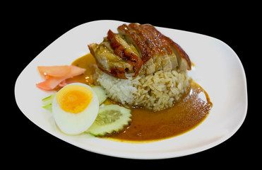 Roasted duck topping on thai rice, Roasted bbq duck with gravy sauce, focus selective.