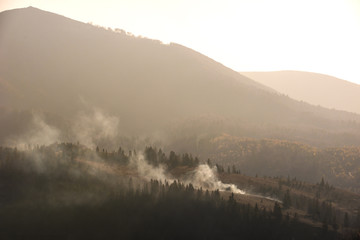 Forest fire smoke on the slopes hills