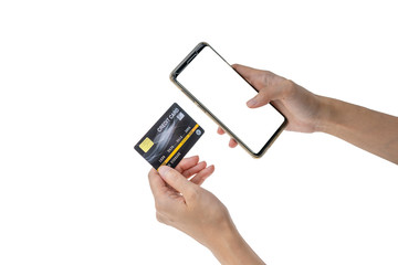 Finance Technology concept, Hand holding black credit card and mobile phone on white background and clipping path
