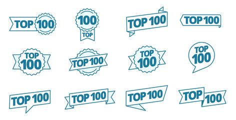 Top 100 heading title icon set. Best hundred list. Word on ribbon. Winner tape award text title template. Contour blue line. - obrazy, fototapety, plakaty