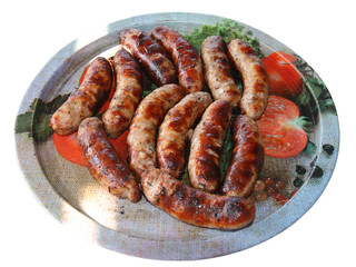 Fried sausages are on a large tray.