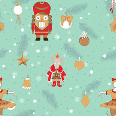 Fototapeta premium Christmas patterns in winter style with nutcracker, princess, Mouse King, snowflakes, tree.