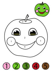 Coloring concept. Funny friendly apple coloring page with number of color.