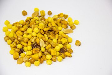 beer mix laid out on a white background. Raisins, Peanuts, Fried Corn, Chickpeas