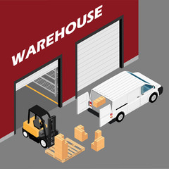 Warehouse building cargo transporting process, delivery lorry. Logistic concept. Industrial construction and factory storage
