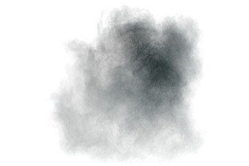 Black particles splatter on white background. Black powder dust burst.