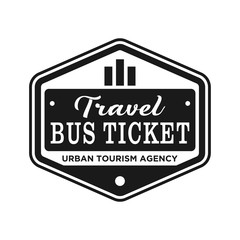 Travel bus ticket logo design with traveller silhouette and suitcase