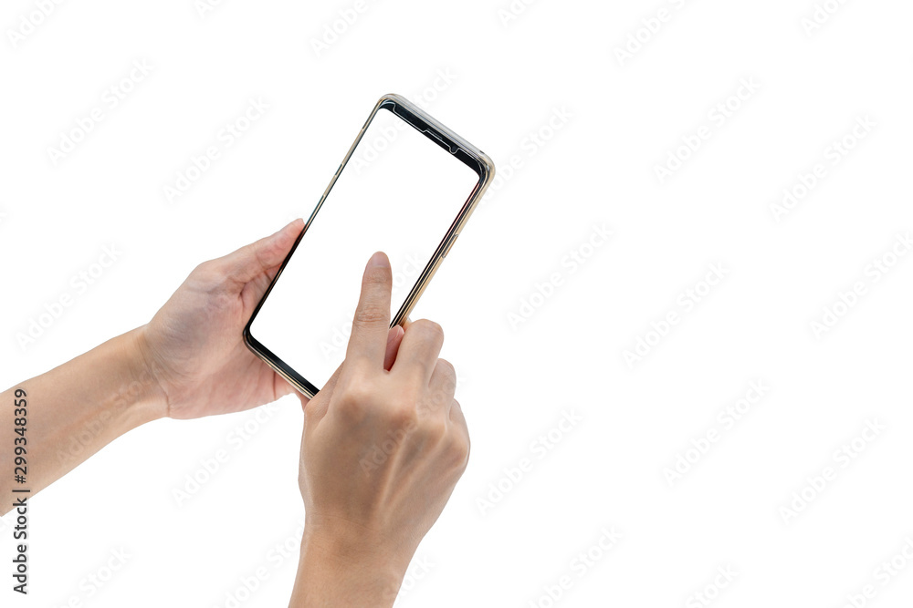 Wall mural two hands hold mobile phone with white background and clipping path