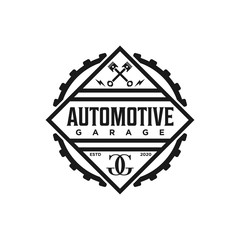 Automotive logo design, vintage style logo for garage workshop with piston gear element