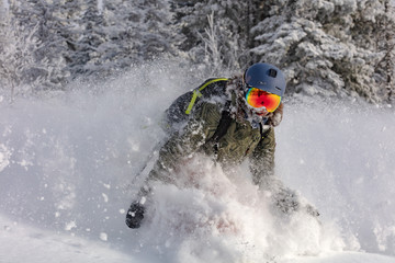 beauty Freerider. snowboarder is riding with snowboard from powder snow hill or mountain forest.  Extreme winter sports. off-piste snowboarding in the woods with big swirls of fresh snow in the air