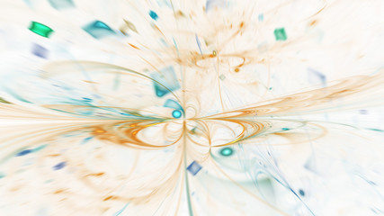 Abstract holiday background with blurred rays and sparkles. Fantastic blue and golden light effect. Digital fractal art. 3d rendering.