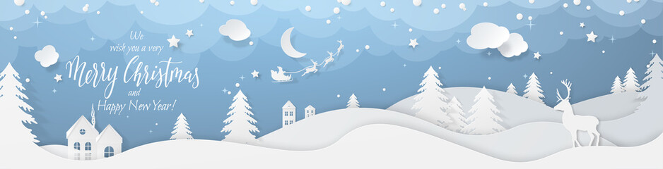 Winter landscape with deer paper cut-out and fir trees in snow. Festive horizontal banner with text Merry Christmas, Village and flying santa's sleigh in night sky with stars, snowfall and moon.