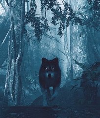 Wolf in the dark forest,3d illustration