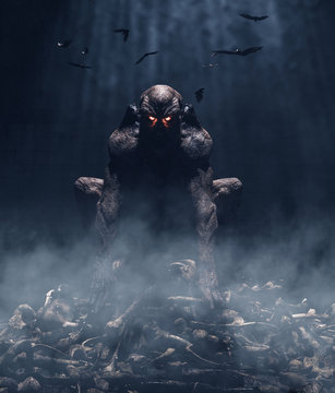 Monster sitting on pile of bones,3d illustration