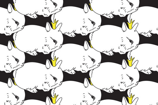 White rabbit in crown on black background seamless pattern. illustration. Easter design concept for fabric, paper, card, poster, walpaper. 